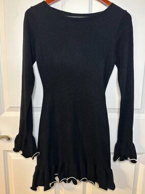 Black Knit Mini Sweater Dress Ruffle Hem Bell Sleeve Coquette Dark Academia